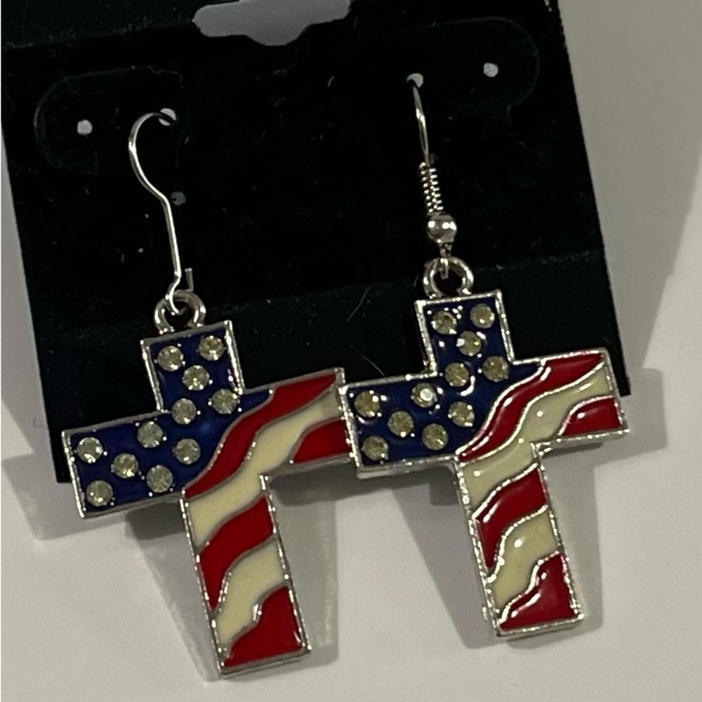 NEW Patriotic Cross Earrings with Red, Blue, and White Accents